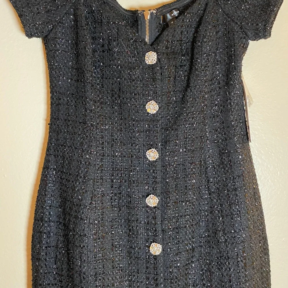 AQUA Black Tweed Mini Dress Off Shoulder Party Cocktail Rhinestone Buttons M - Picture 9 of 16
